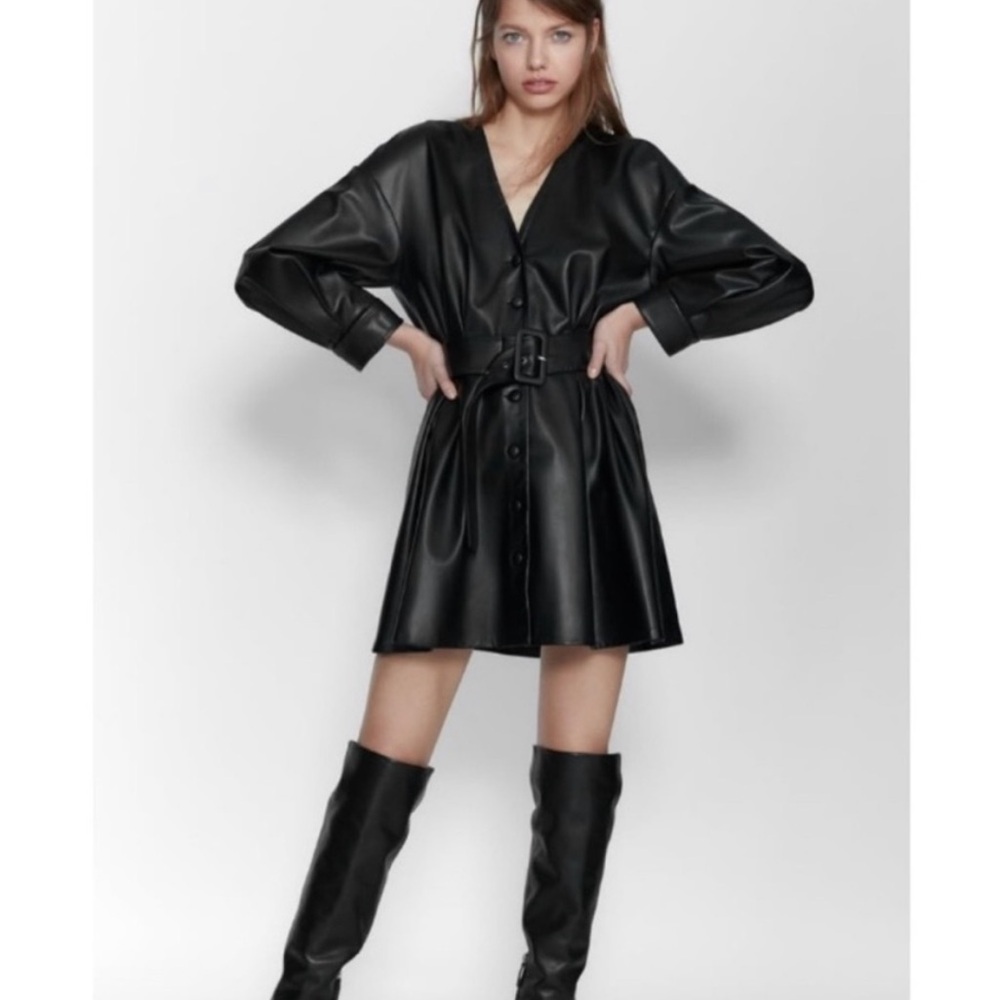 Zara Dress Faux Leather Black Button Belted Jacket Dress Size Medium
